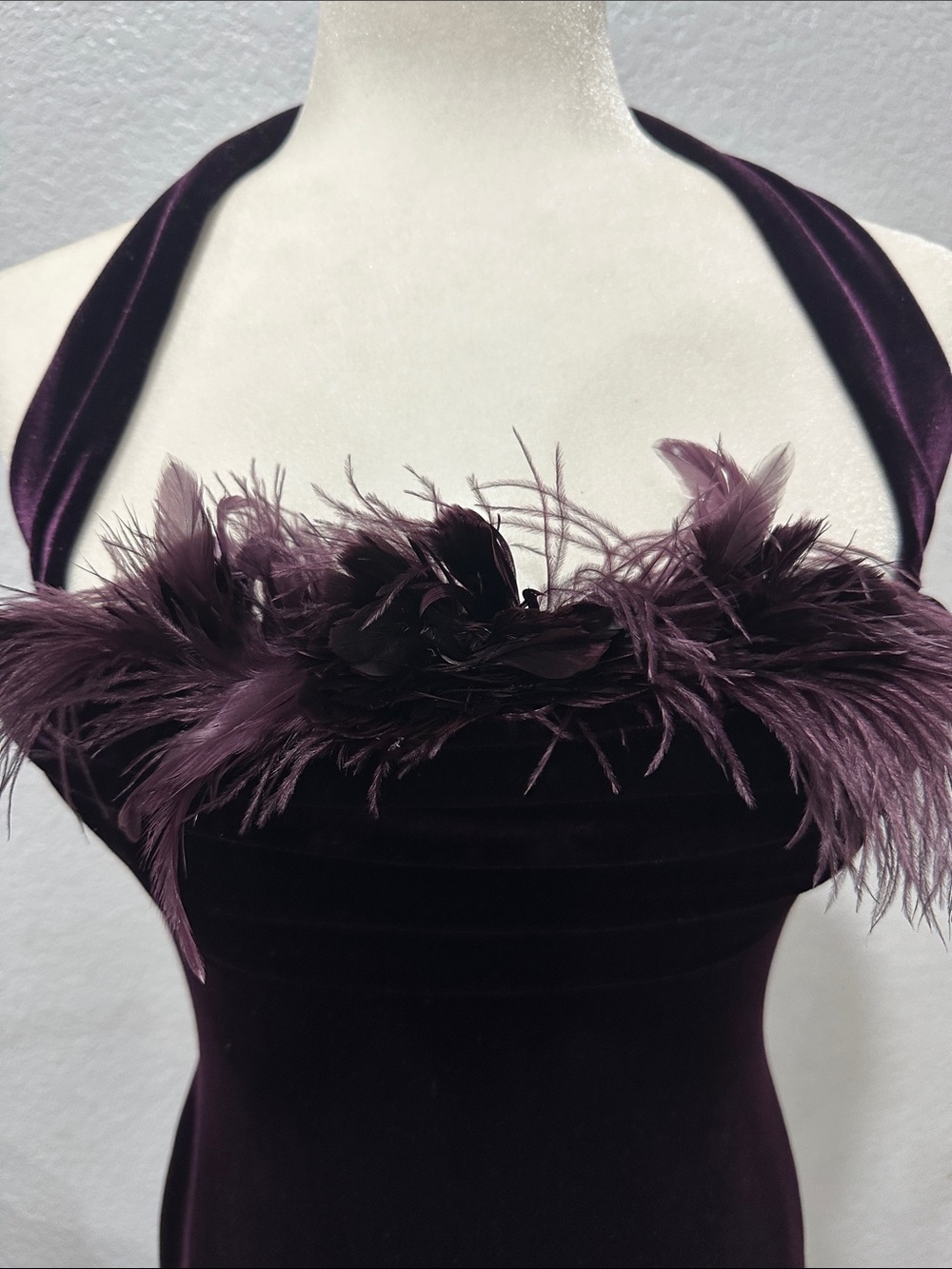 David Meister Plum Velvet Halter Dress with Feather Trim